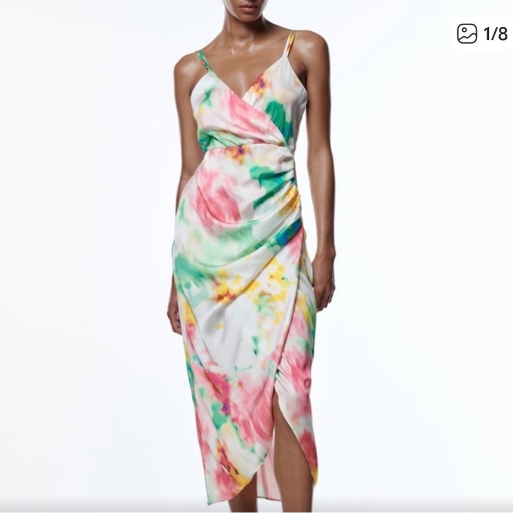 Zara satin print Floral Watercolor Slip Dress - White Multicolor
